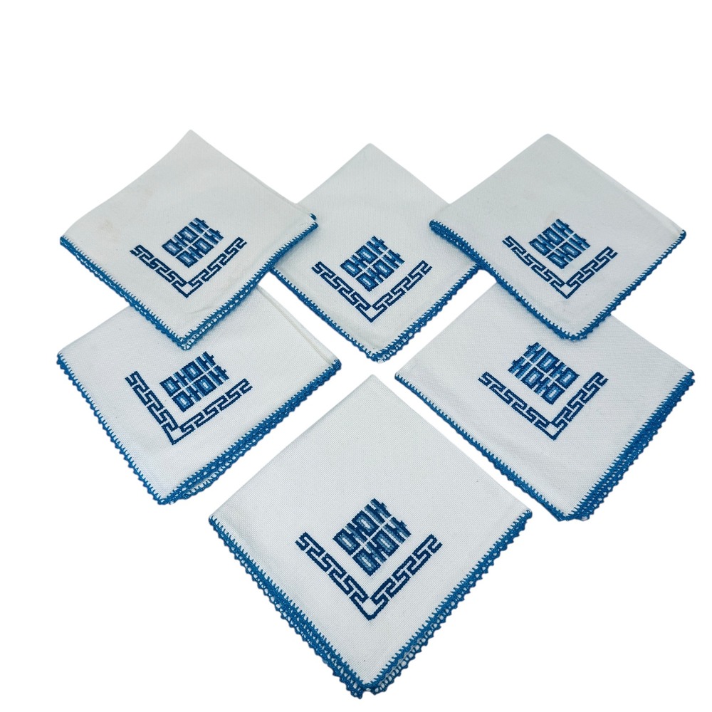 Set of 6 Blue Embroidered‎ Greek Key Linen Napkins Crochet Trim 18" Vintage